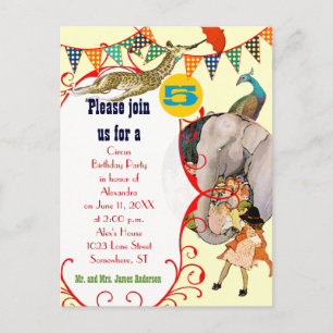 Child's Circus Elephant Peacock Giraffe Party Invitation Postcard