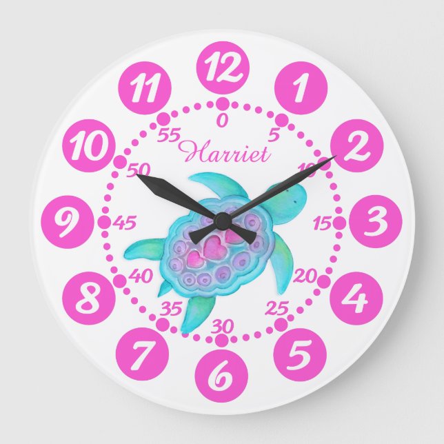 Child's cute turtle heart art pink white clock (Front)