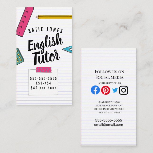 Childs English tutor home learning exams Business Card (Front/Back)