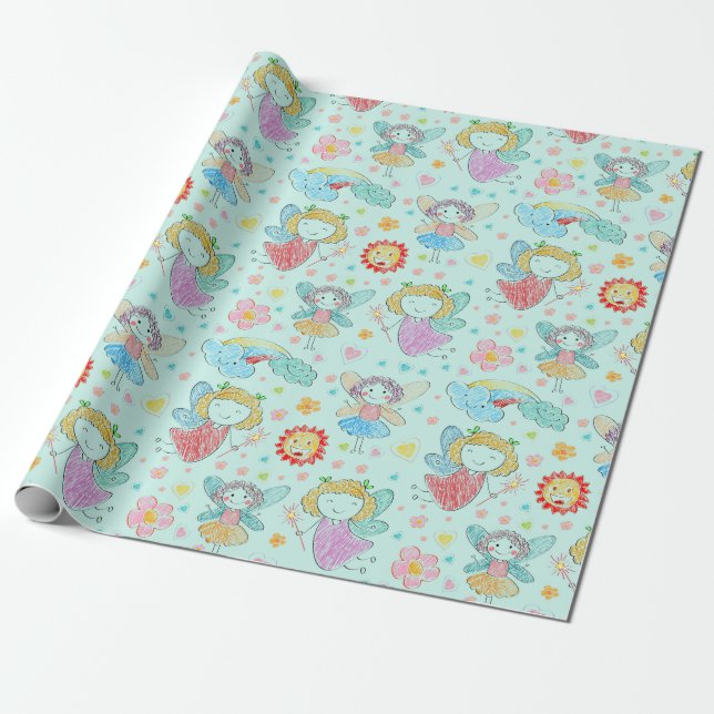 Child's Fairy Doodles Wrapping Paper (Unrolled)