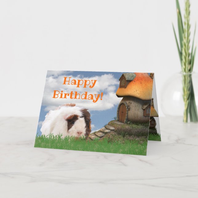 Child's Happy Birthday Guinea Pig Mushroom House Card (Front)
