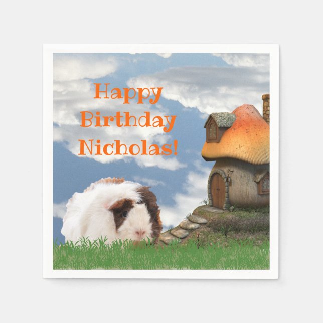 Child's Happy Birthday Guinea Pig Mushroom House Napkin (Front)