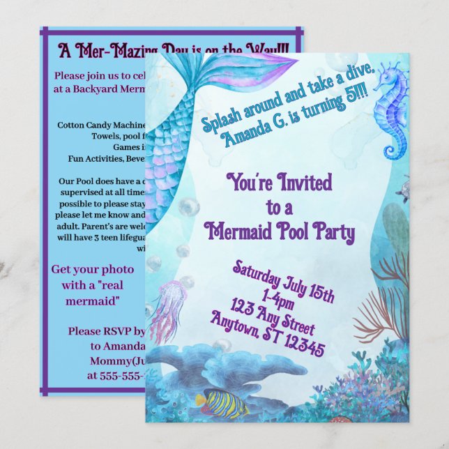 Child's Mermaid Birthday Double Sided Invitation (Front/Back)