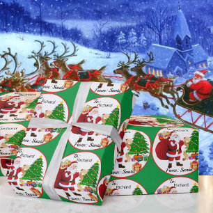 Child's NAME From Santa Claus Christmas Tree Green Wrapping Paper