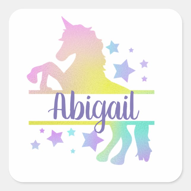 Child's Name Rainbow Pastel Unicorn Square Sticker (Front)