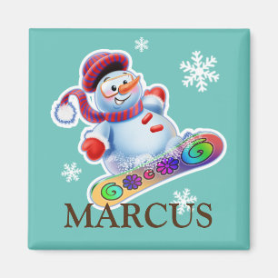 Child's name Snowboarding snowman fridge magnet