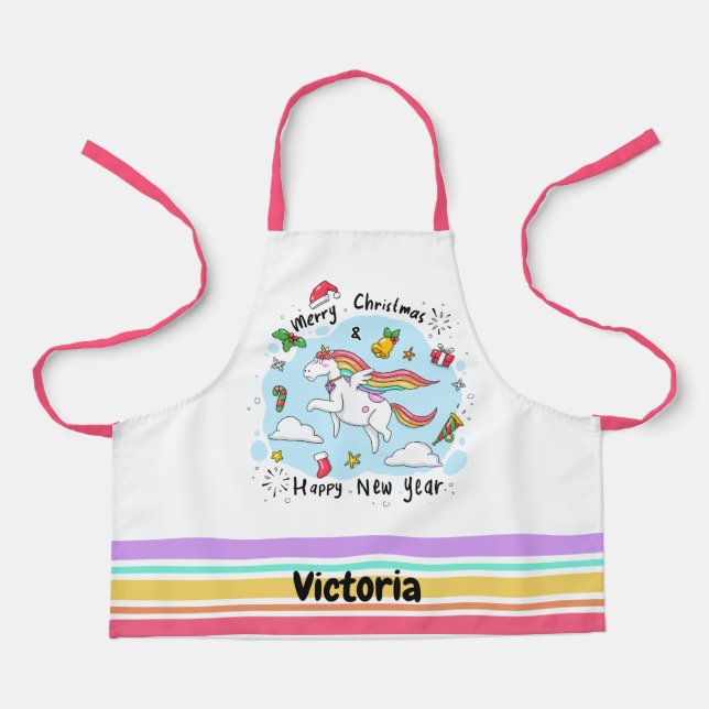 Child's Name Unicorn Christmas & New Year Apron (Front)