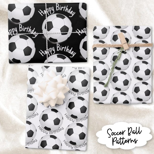 Child's Party Black & White Soccer Ball Pattern Wrapping Paper Sheet (Three sheets of black and white soccer ball patterns. Two with template text for any occasion.)