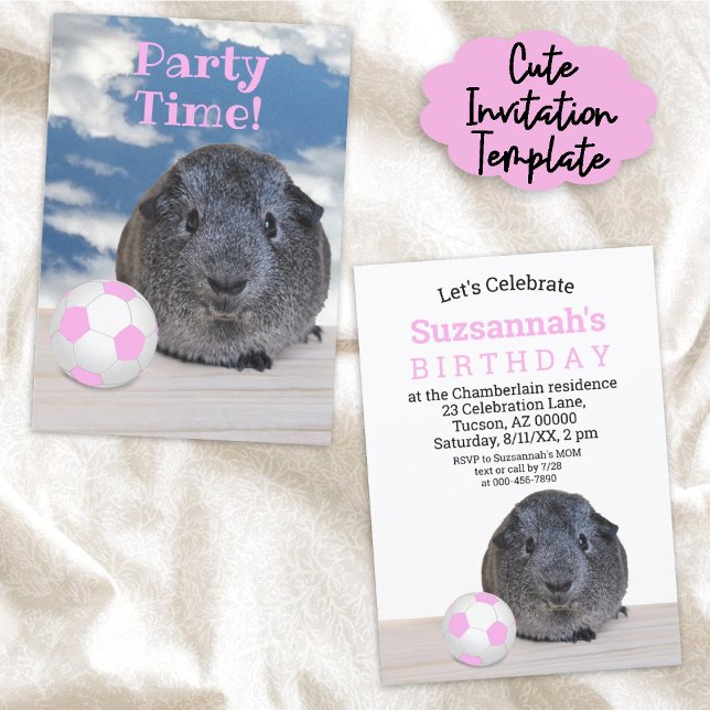 Child's Party Pink White Soccer Ball Guinea Pig  Invitation (This easy to personalize cute guinea pig birthday invitation is ready here in print form. )