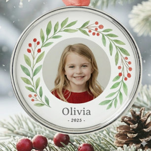 Child's Photo Holly Wreath Christmas 2025 Metal Ornament