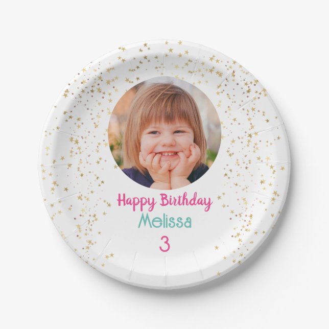 Child's Photo/Name/Age Happy B'day, Gold Stars Wht Paper Plate (Front)
