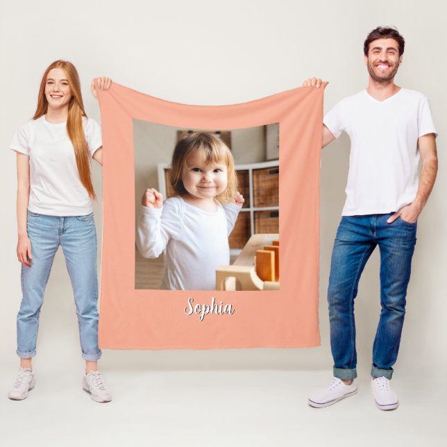 Child's Photo & Script Name, Peach Fleece Blanket (In Situ)