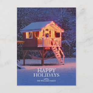 Childs playhouse with snow and Christmas lights Holiday Postcard