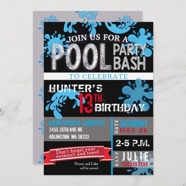 Childs Pool Party Bash Birthday Invitation (Front/Back)