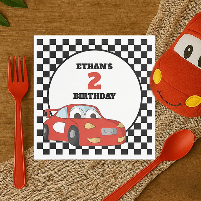 Child's Red Race Car 2nd Birthday Party Napkin (Red race car little boy's 2nd birthday party paper napkins)