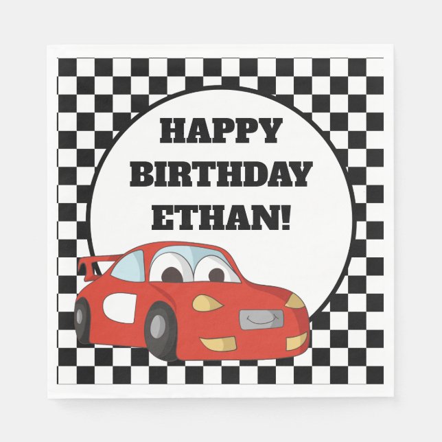 Child's Red Race Car Black White Birthday Party Napkin (Front)