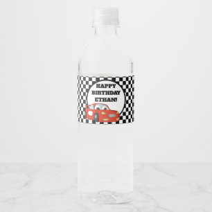 Child's Red Race Car Black White Birthday Party Water Bottle Label
