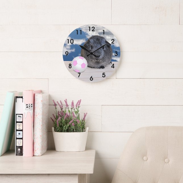 Child's Room Cute Grey Guinea Pig Pink Soccer Ball Large Clock (Reading Room)