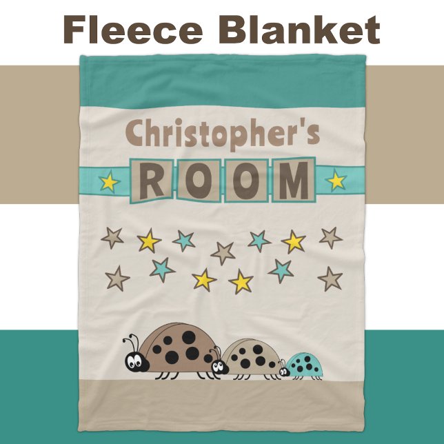 Child's room name stars ladybugs brown turquoise fleece blanket (Creator Uploaded)