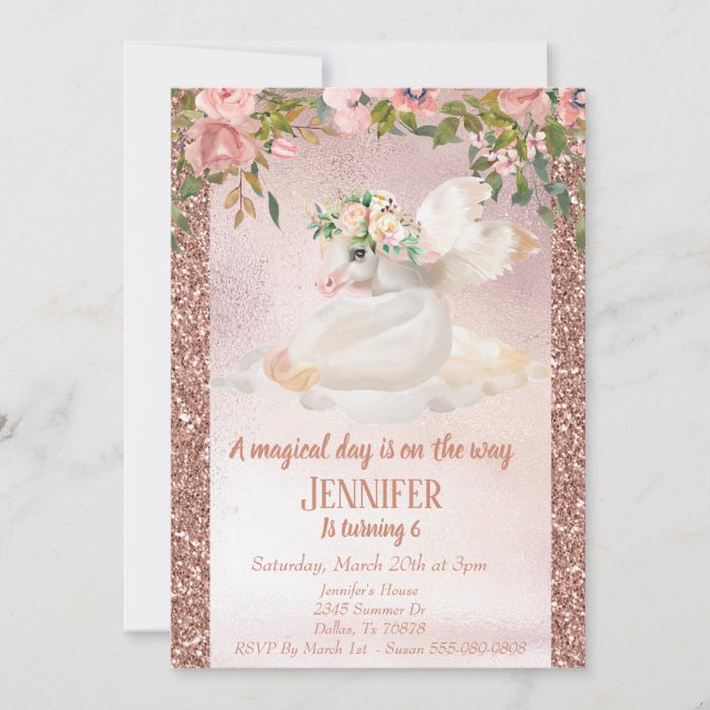 Child's Rose Gold Glitter Pretty Unicorn Pegasus Invitation (Front)