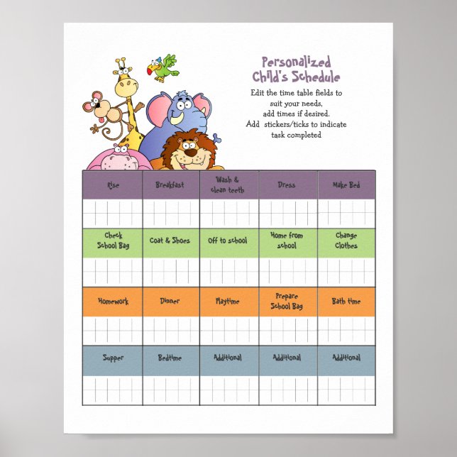 Childs SCHEDULE/TIMETABLE Personalised Poster (Front)