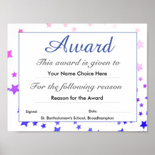 Child's School Award Certificate Poster