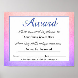 Child's School Award Certificate Poster