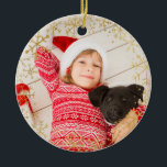 Child's Yearly Christmas Gold Snowflakes Custom Ceramic Ornament<br><div class="desc">This beautiful 2-sided Christmas ornament is the perfect ornament for your child's Christmases each year! This is a beautiful keepsake for the entire family. Create a tradition by giving your child a gift of his own photo ornament each Christmas! The front side features your child's own photo inside a gold...</div>