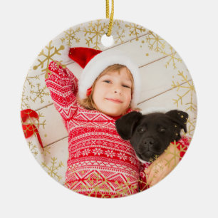 Child's Yearly Christmas Gold Snowflakes Custom Ceramic Ornament