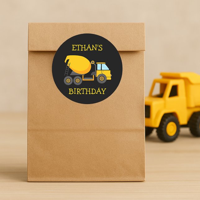 Child's Yellow Cement Truck Black Birthday Party Classic Round Sticker (Creator Uploaded)