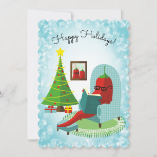 Chile chilli pepper reading culinary Christmas car Holiday Card