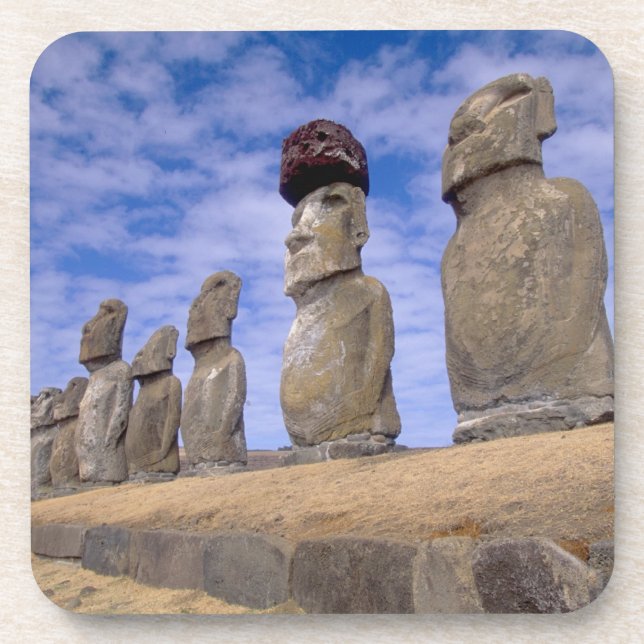 Chile, Easter Island. The 15 Moais at Ahu Coaster (Front)