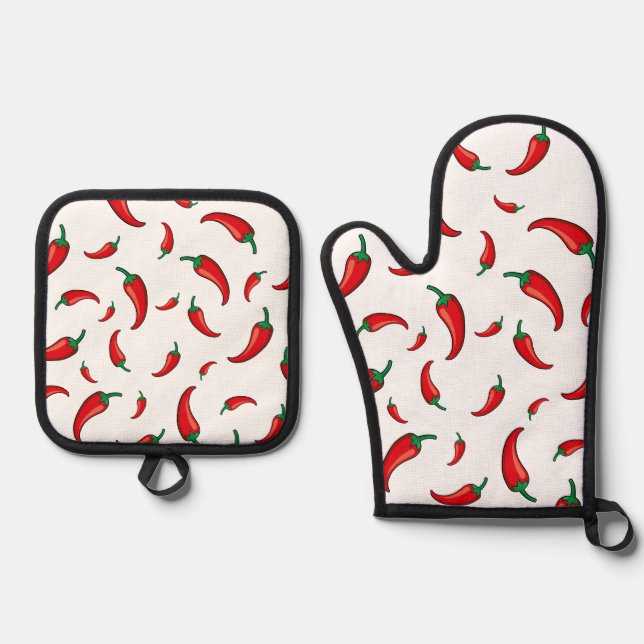 Chile pepper party oven mitt & pot holder set (Front)