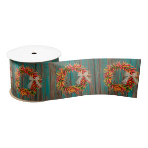 Chile Pepper Ristra Wreaths on Rustic Wood Pattern Satin Ribbon