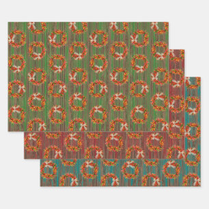 Chile Pepper Wreaths on Rustic Wood Pattern  Wrapping Paper Sheet