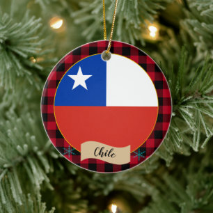 Chile, Red buffalo plaid & Chilean Flag Ceramic Ornament