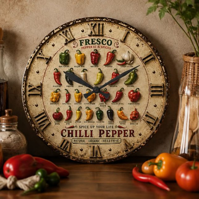 Chili Pepper Kitchen Rustic Farmhouse Chef Gift Large Clock (Creator Uploaded)