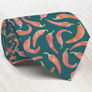 Chili Pepper Red Teal Green Watercolor Art Tie