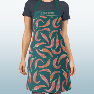 Chili Pepper Red Teal Watercolor Personalized Apron