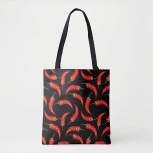Chili peppers on black tote bag