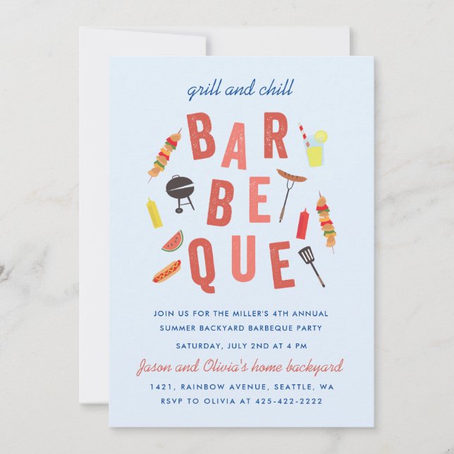 Chill and Grill Barbeque party Blue Invitation (Front)