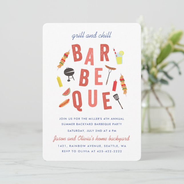Chill and Grill Barbeque party white Invitation (Standing Front)