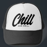 Chill and grill funny BBQ party trucker hat<br><div class="desc">Chill and grill funny BBQ party trucker hat. Custom black and white baseball cap for summer, beach, casual wear, sports, travel, golf and more. Stylish hand lettering design for men and women. Available in other cool colours too. Add your own humourous text optionally. Fun Birthday gift idea for dad, husband,...</div>