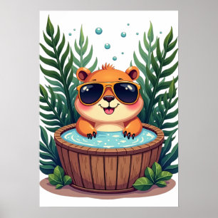 Chill Capybara Hot Tub Kawaii Sticker Poster