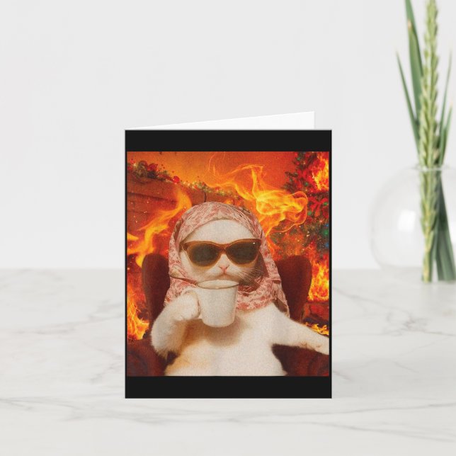 Chill Cat And Coffe Xmas Funny Cat Meme Y2k Joke  Card (Front)