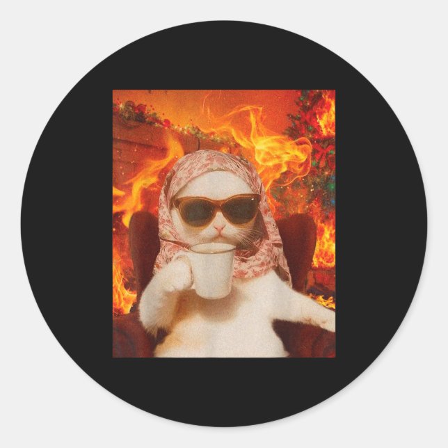 Chill Cat And Coffe Xmas Funny Cat Meme Y2k Joke  Classic Round Sticker (Front)