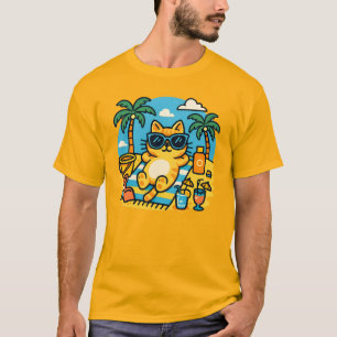 Chill Cat Beach Day Cartoon T-Shirt-Fun Summer Tee
