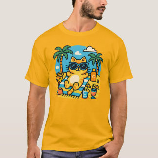 Chill Cat Beach Day Cartoon T-Shirt-Fun Summer Tee