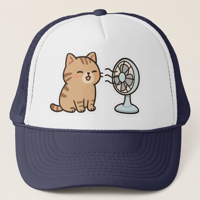 Chill Cat by the Fan – Cute Summer Sticker" Trucker Hat (Front)