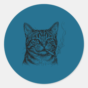Chill cat smoking sketch art feline lover design classic round sticker